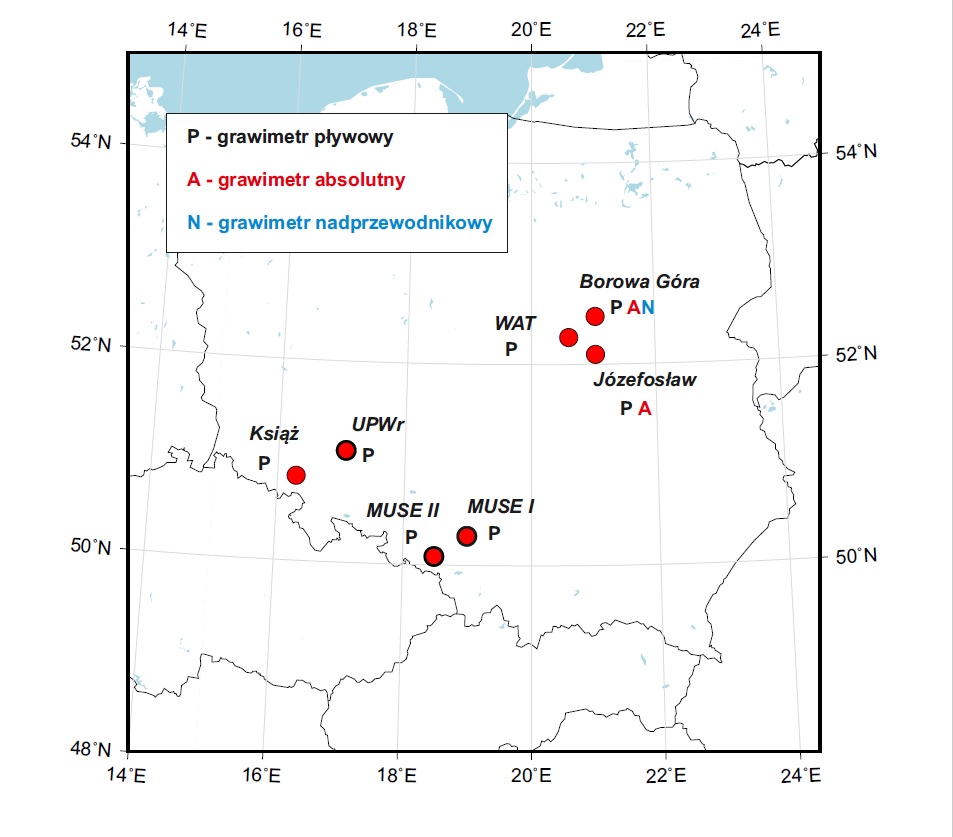 Rys. 1. Mapa docelowej infrastruktury grawimetrów pływowych 